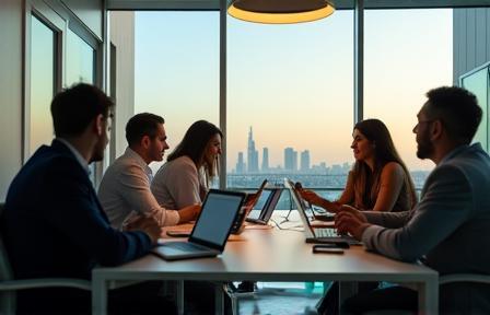 Business professionals collaborating in a modern Dubai office
